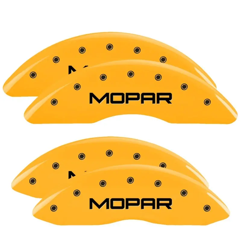 Mgp Engraved 4-Piston Caliper Covers – Front & Rear, Mopar Yellow Finish With Black Chrome Accent 1