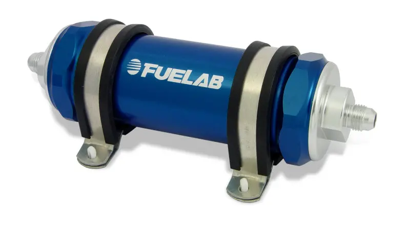 Fuelab 828 Inline Fuel Filter – Long Body, -6An Inlet/Outlet, 10-Micron Fabric Element, Blue Housing 1