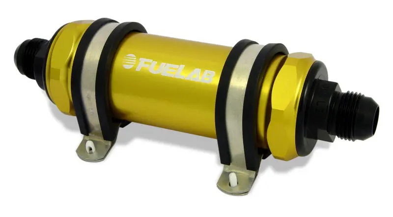 Fuelab 858 Inline Fuel Filter – -6An Inlet / -8An Outlet, 100-Micron Stainless Steel With Integrated Check Valve (Gold Finish) 1