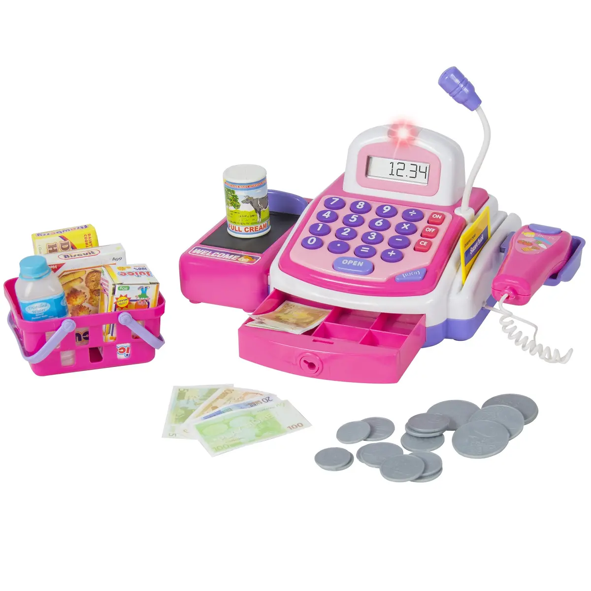 Kids Pretend Electronic Cash Register Set W/ Money, Play Food Groceries, Mic 1