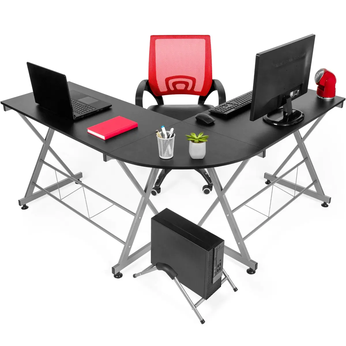 Modular L-Shape Corner Computer Desk W/ Wooden Tabletop, Keyboard Tray 1