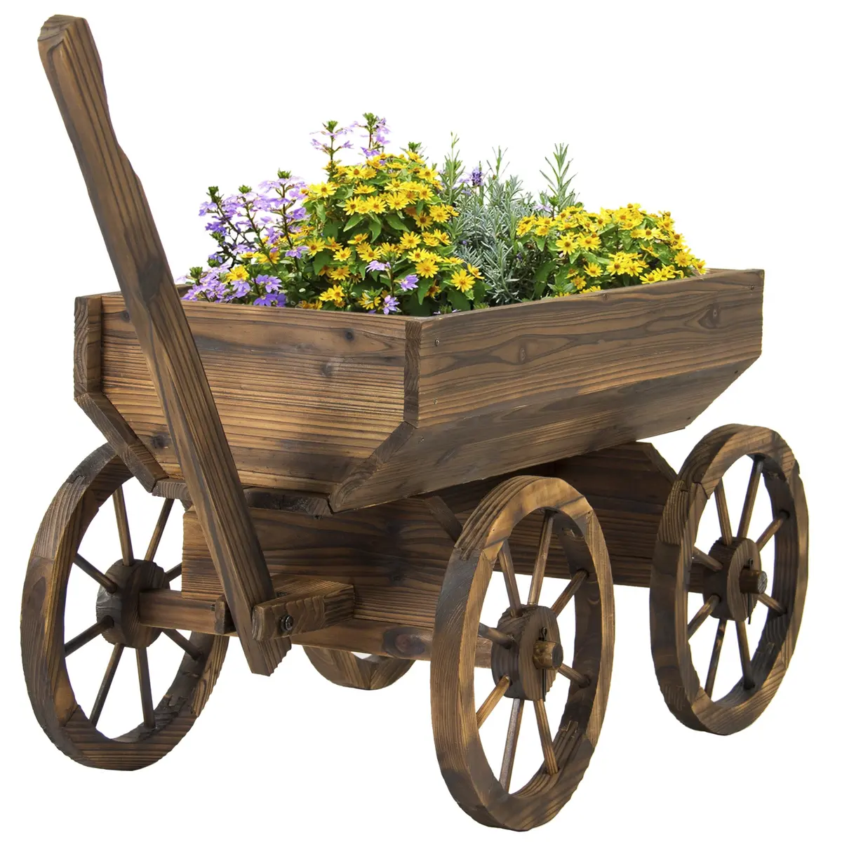 Wooden Garden Flower Planter Wagon W/ Wheels - Brown 1