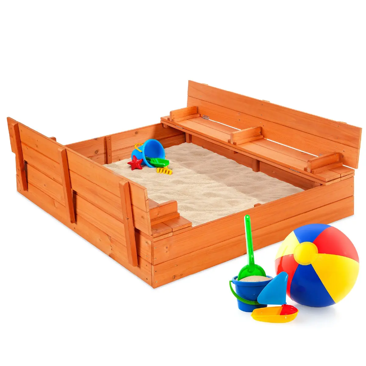 47X47in Kids Cedar Sandbox W/ Sand Screen, 2 Benches - Brown 1
