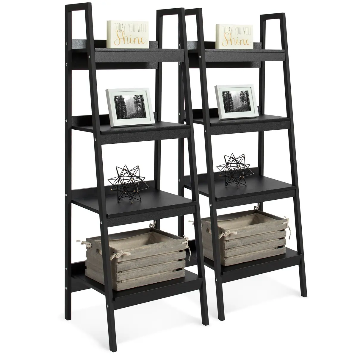 Set Of 2 4-Shelf Open Ladder Bookcase Display - Black 1