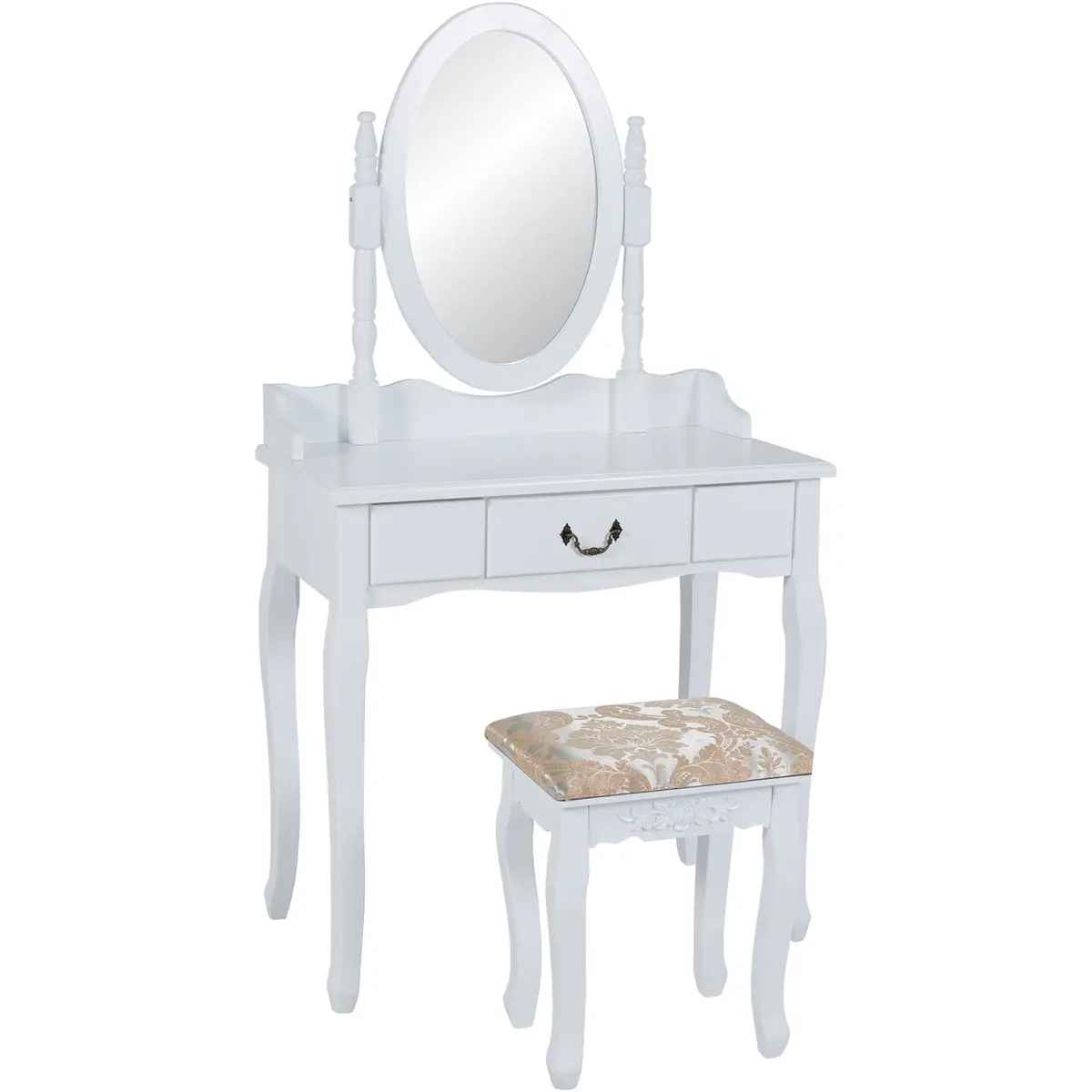 Bathroom Vanity Table Set W/ Round Mirror, Stool 1