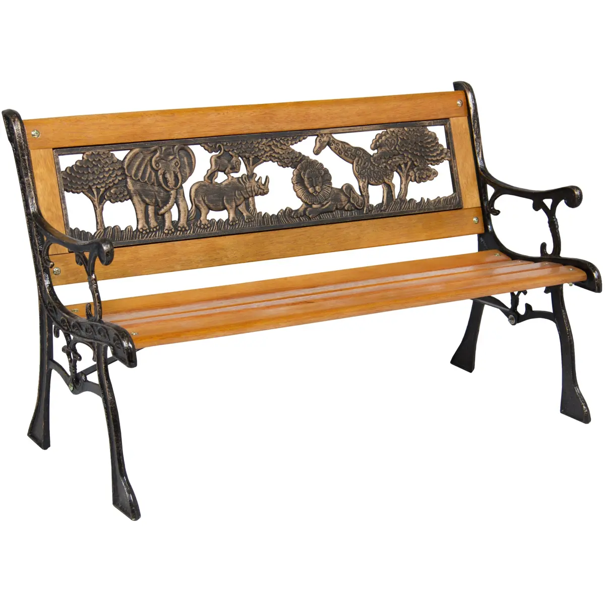 Kids Mini Sized Patio Park Bench W/ Safari Animal Accents - Brown 1