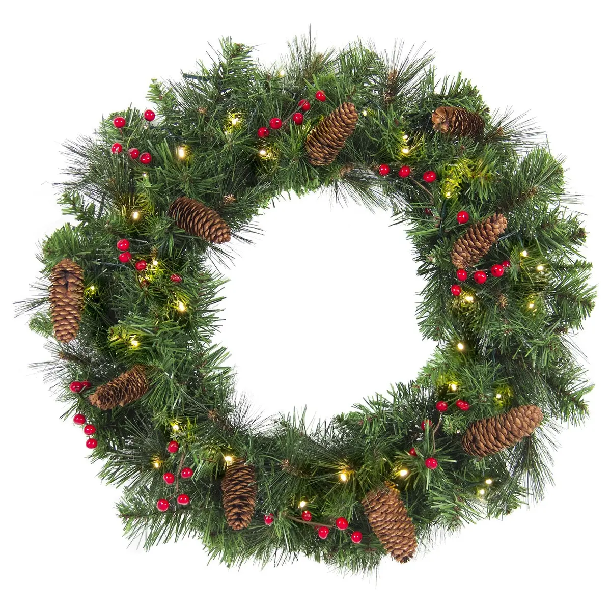 24In Pre-Lit 50 Light Spruce Christmas Wreath W/ Pine Cones, Berries 1