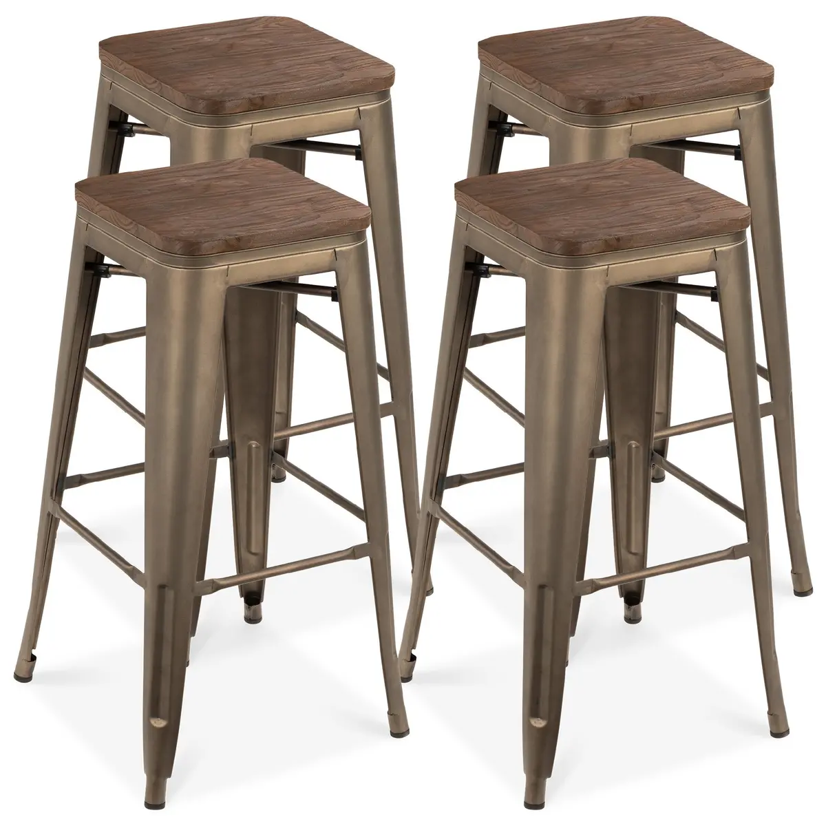 Set Of 4 Industrial Steel Backless Bar Height Stools W/ Wood Seats - 30In 1
