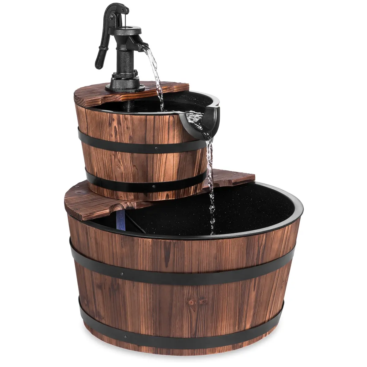 Wooden Barrel 2-Tier Water Fountain W/ Pump 1