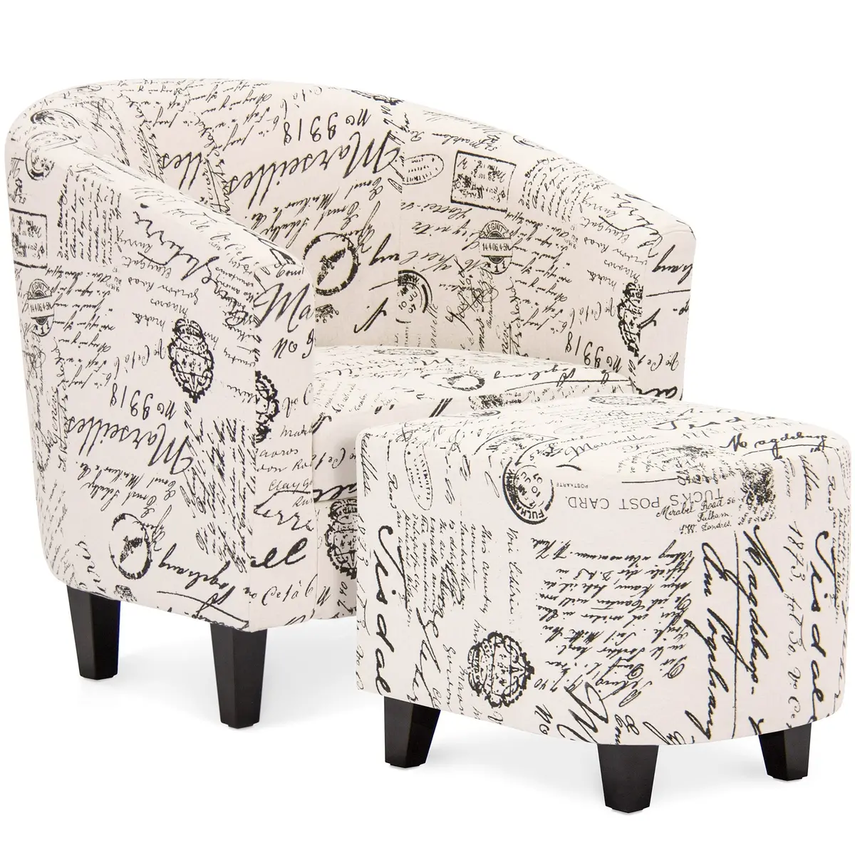 Upholstered Barrel Accent Chair Decor Furniture W/ Ottoman, Birch Wood Legs 1