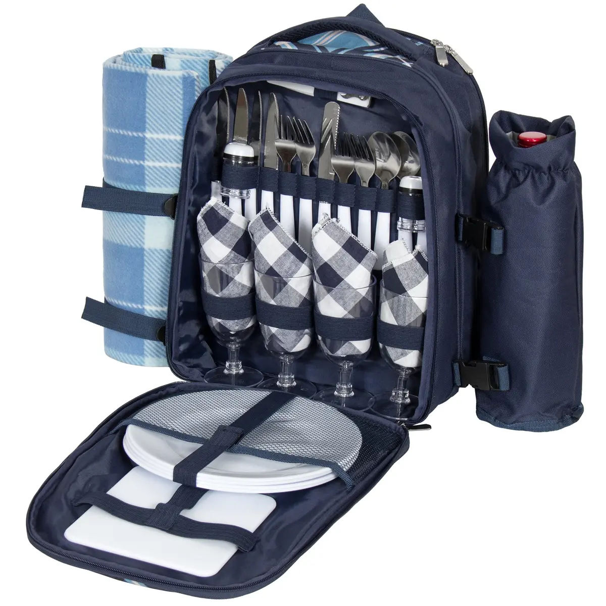 4-Person Insulated Picnic Bag Set W/ Blanket, Flatware, Plates, Glasses 1