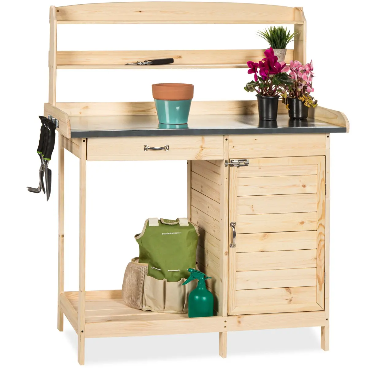 Garden Wooden Potting Bench W/ Metal Tabletop - Natural 1