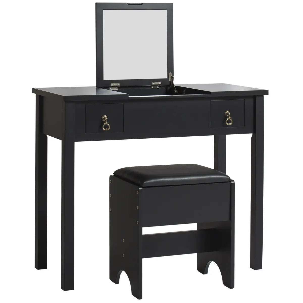 Vanity Dressing Table Set W/ Mirror, Stool, Storage Boxes - Black 1