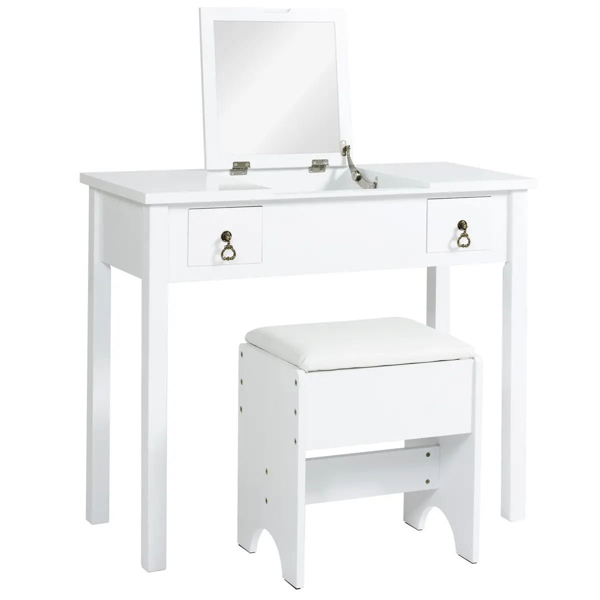 Bathroom Vanity Table Set W/ Square Mirror, Stool 1