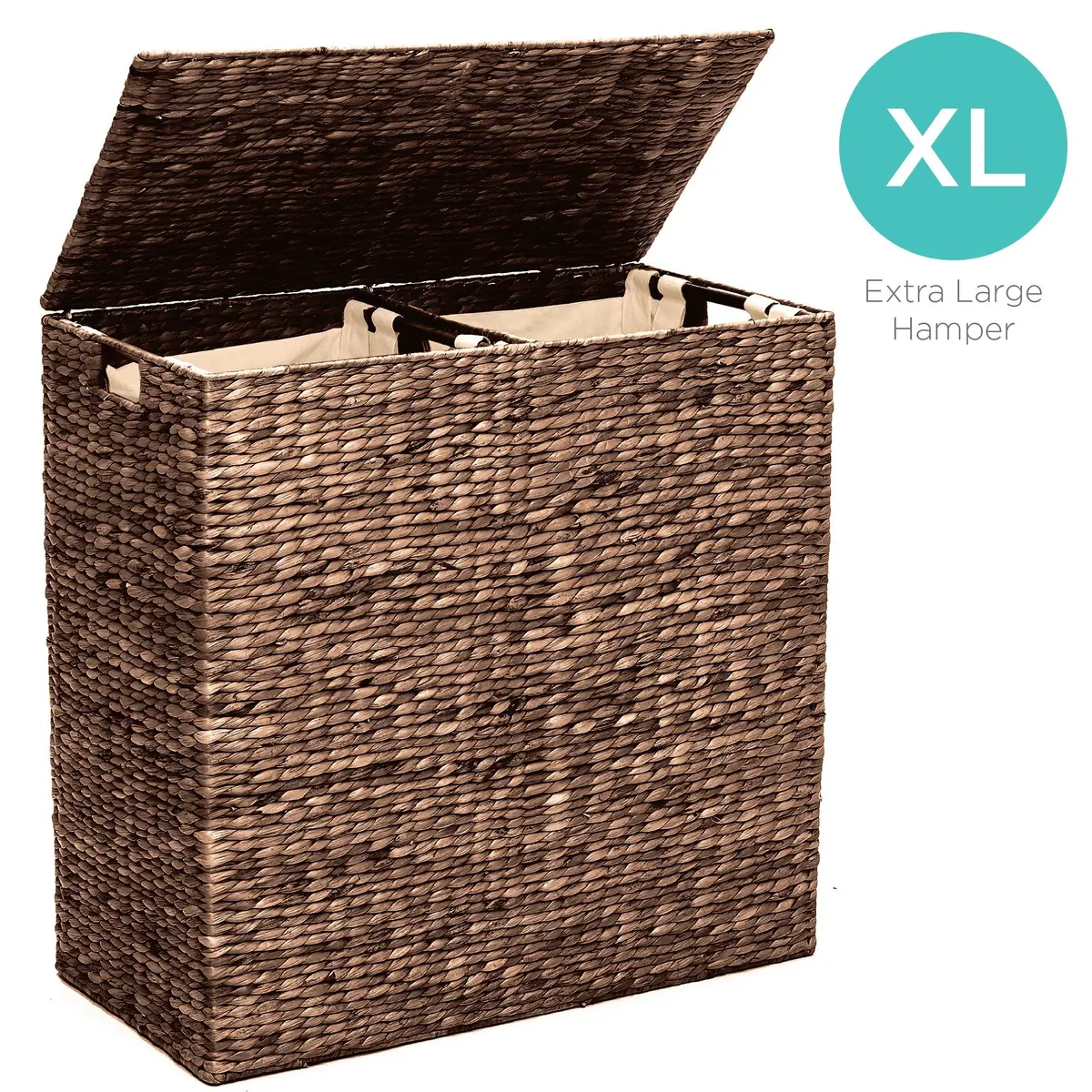 Extra Large Water Hyacinth Double Laundry Hamper Basket W/ 2 Liner Bags 2