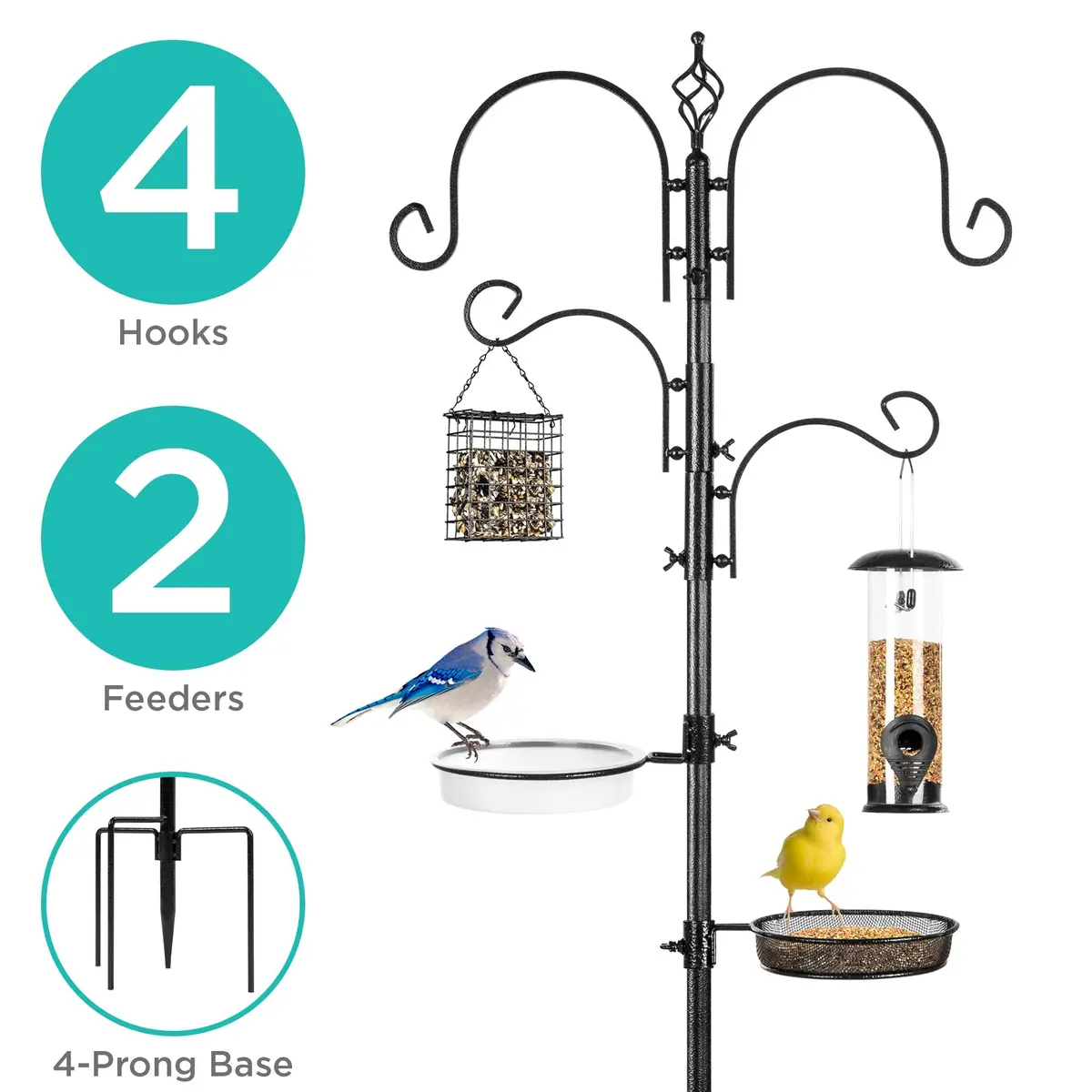 91In 4-Hook Bird Feeding Station, Steel Multi-Feeder Stand W/ 2 Bird Feeders 2