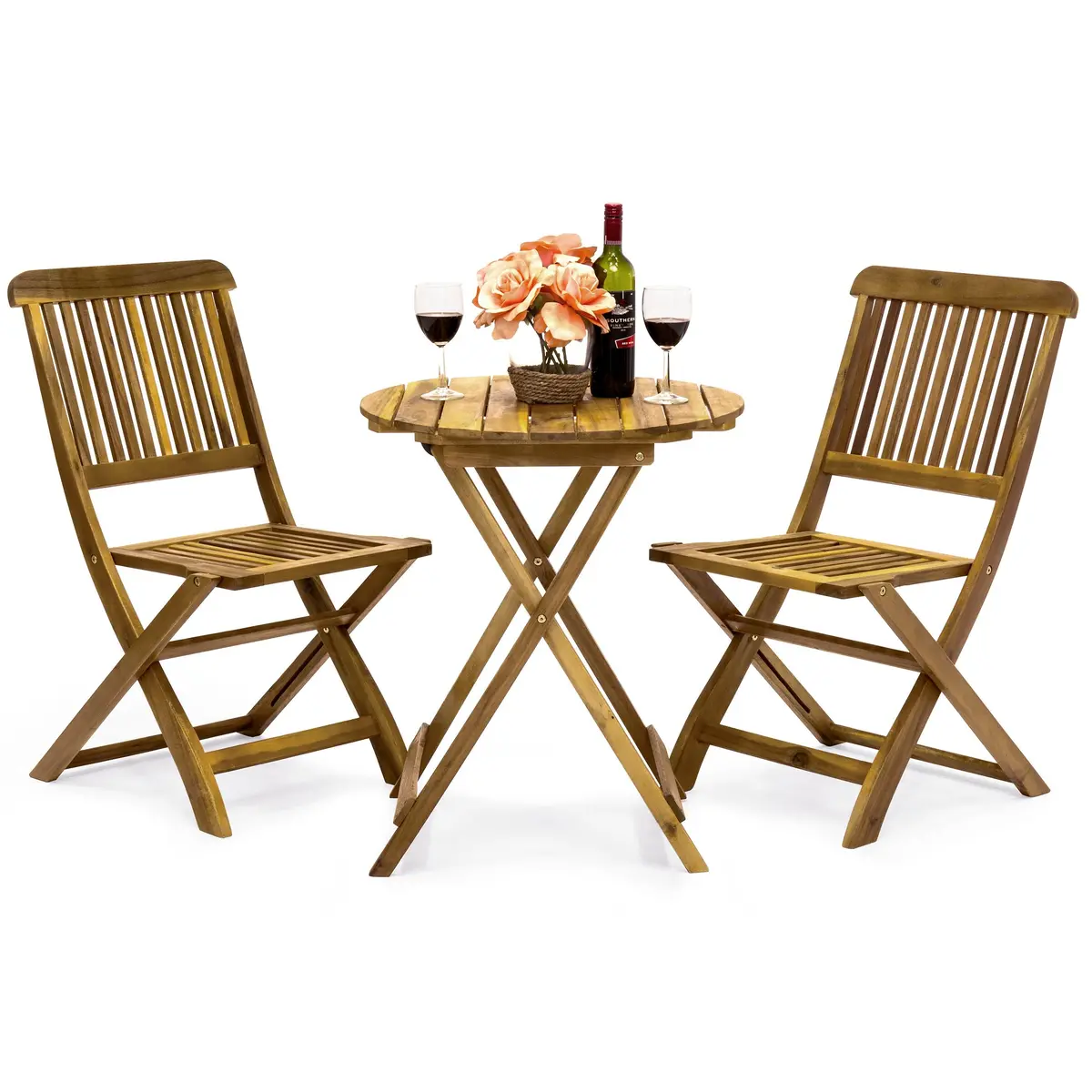 3-Piece Acacia Wood Bistro Set W/ Folding Table And Chairs 1