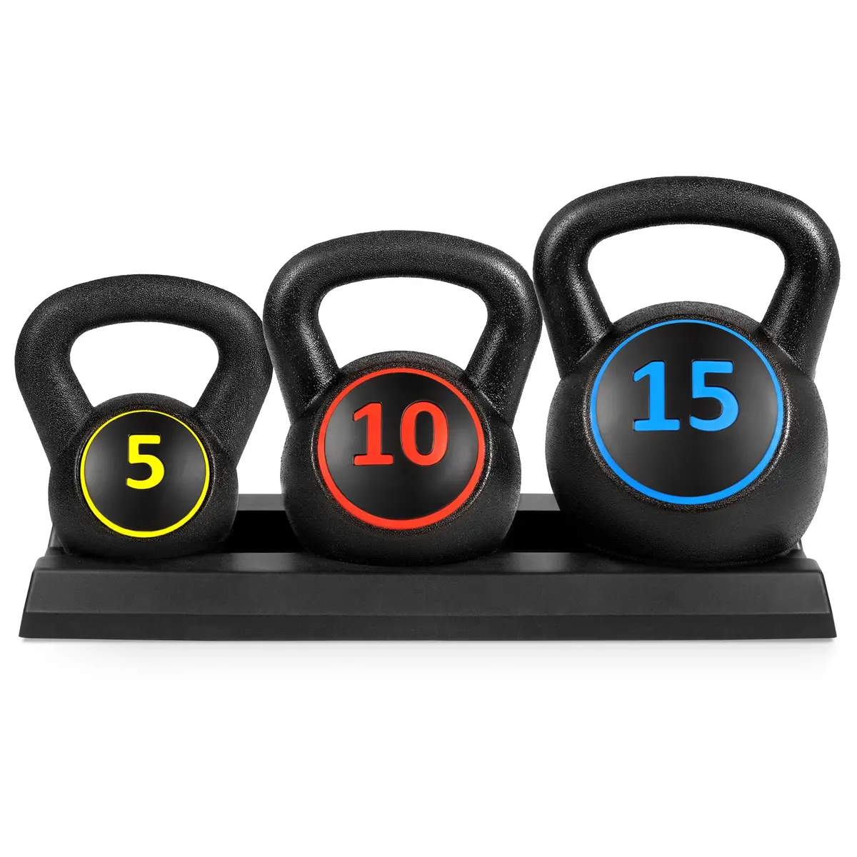 3-Piece Kettlebell Exercise Fitness Weights Set W/ Base Rack - Black 1