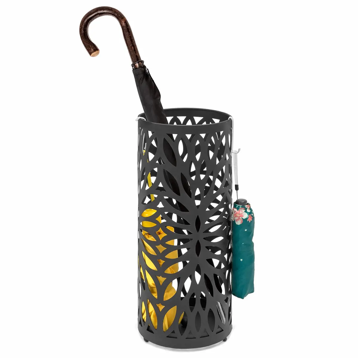Spherical Metal Umbrella Stand W/ 2 Hooks, Drain Tray - Black 1
