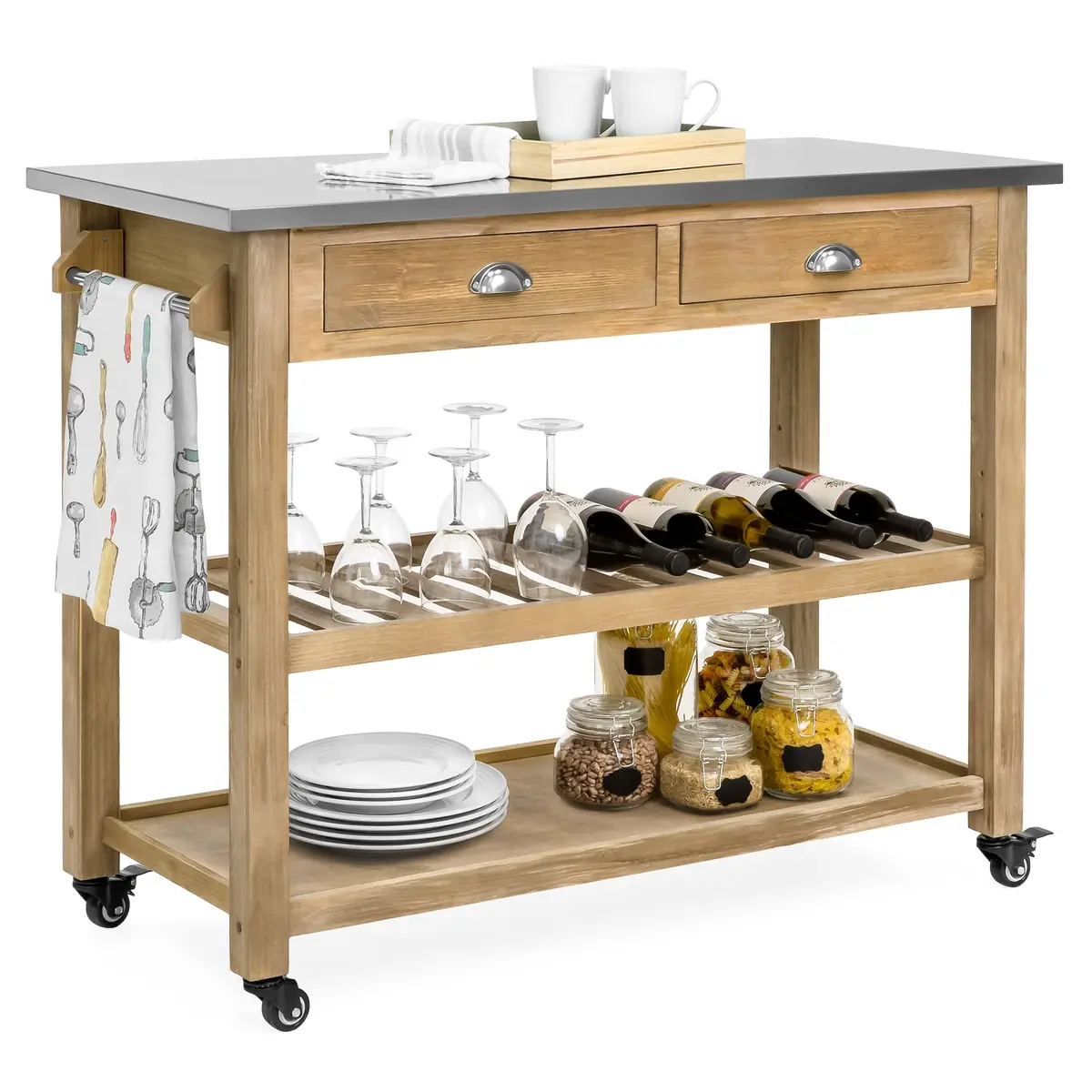 Kitchen Island Storage & Bar Cart W/ Stainless Steel Top - Rustic Wood 1