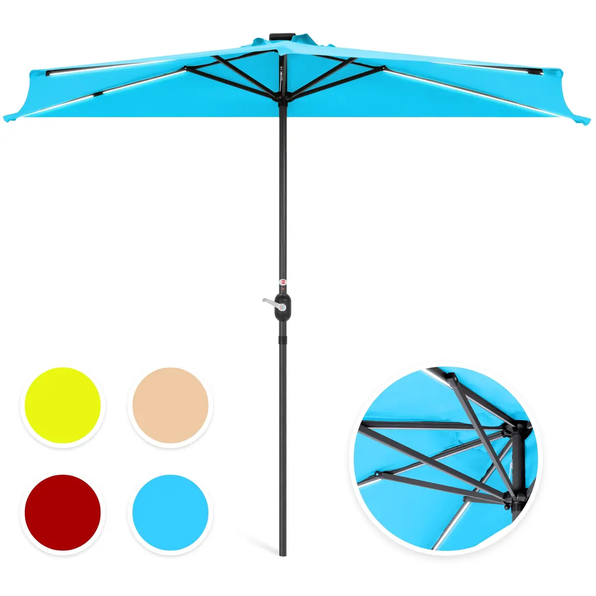 8.5Ft Outdoor Solar Led Strip Lighted Half Patio Umbrella W/ Hand Crank 2