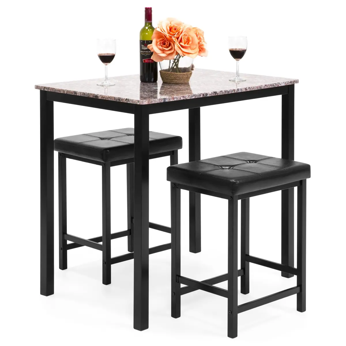 Marble Counter Height Table Dining Set W/ 2 Stools 1