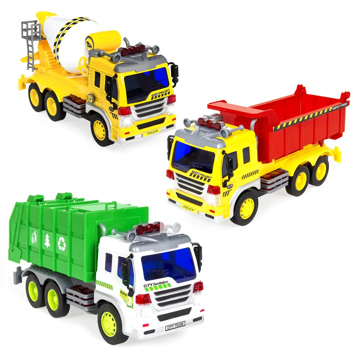 3-Pack 1/16 Scale Push-And-Go Friction Powered City Vehicle Toy Trucks 1