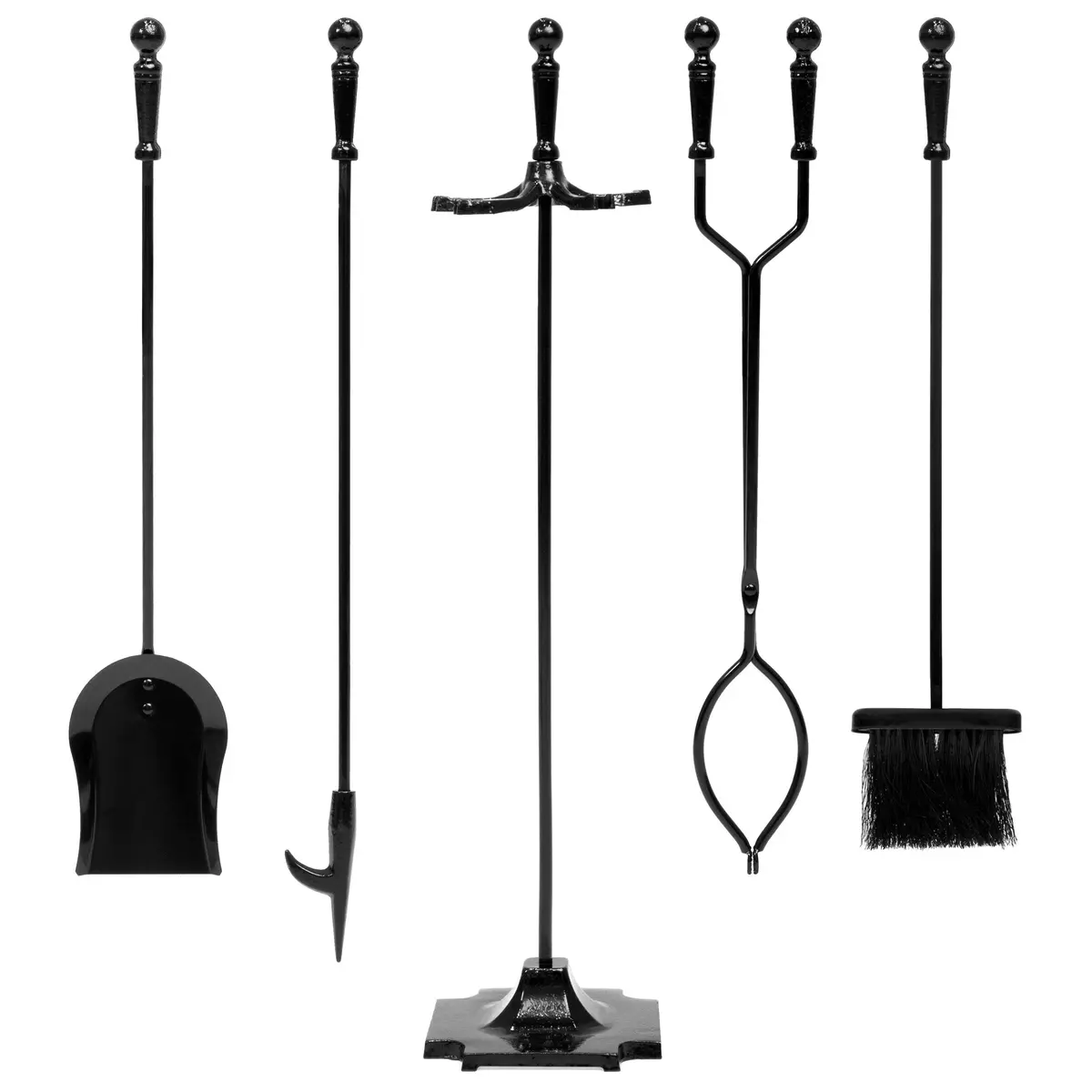 Rustic 5-Piece Iron Fireplace Tool Set W/ Tongs, Poker, Broom, Shovel, Stand 1