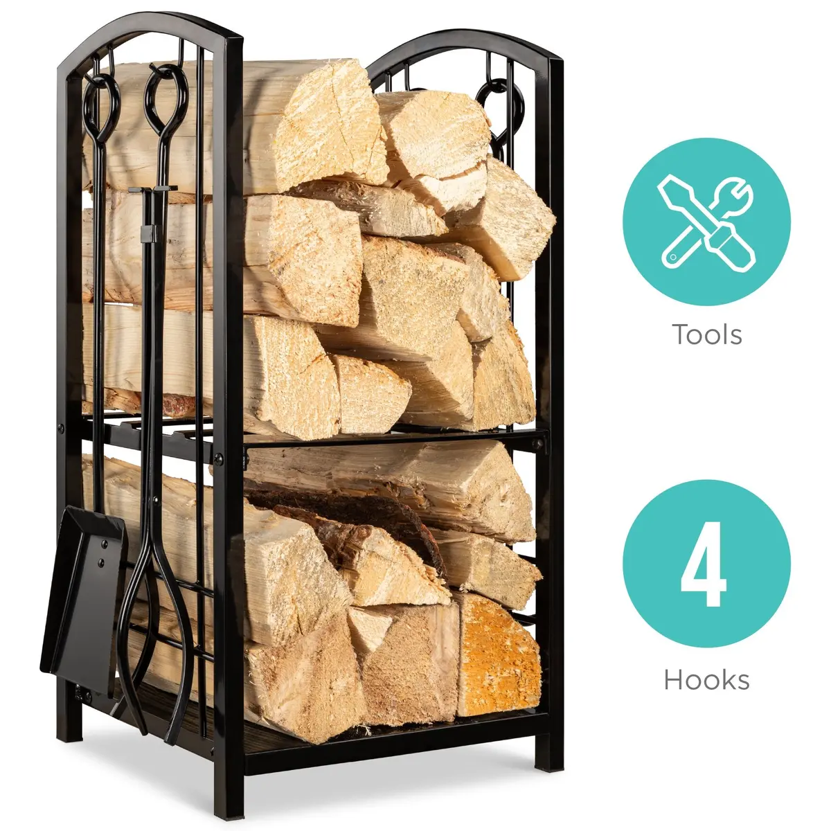 5-Piece Firewood Log Rack Holder Tools Set W/ Hook, Broom, Shovel, Tongs 1