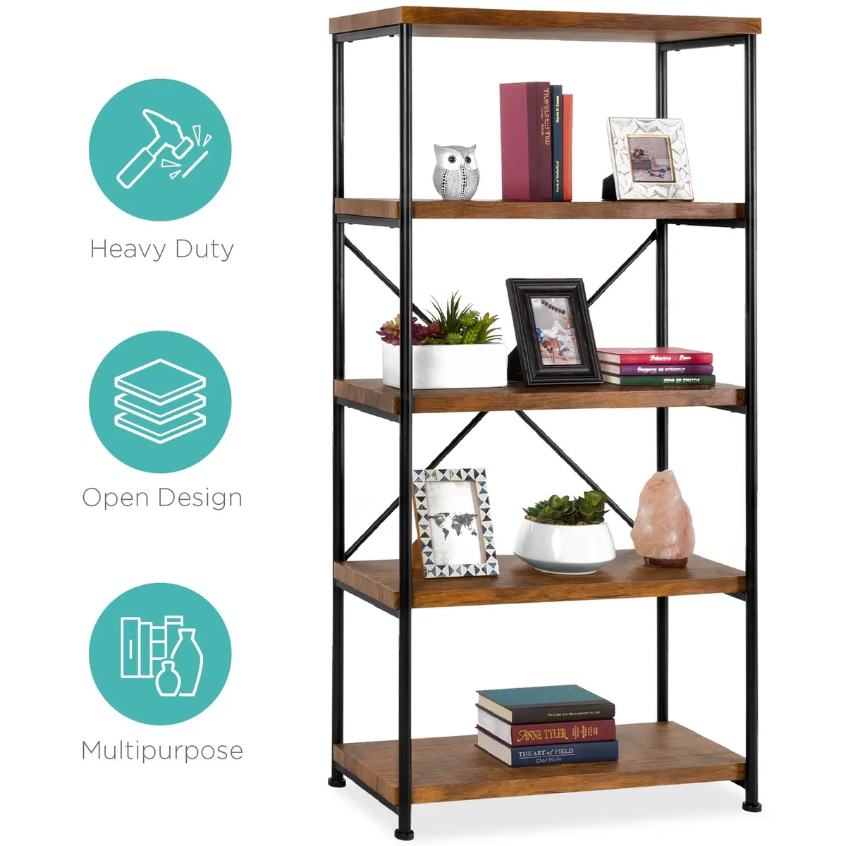 5-Tier Industrial Bookshelf W/ Metal Frame, Wood Shelves 1