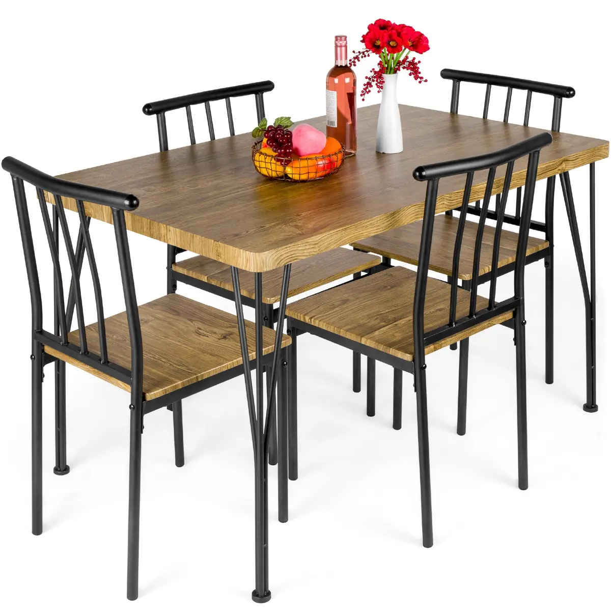 5-Piece Modern Metal And Wood Dining Table Furniture Set W/ 4 Chairs - Brown 1