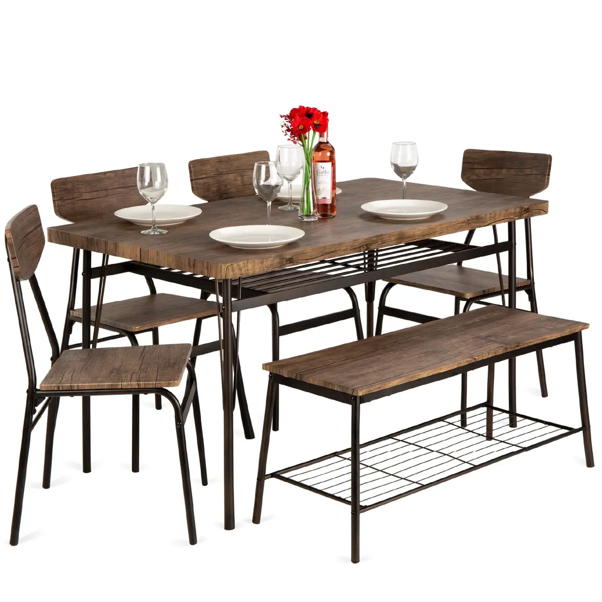 6-Piece Modern Dining Set W/ Storage Racks, Table, Bench, 4 Chairs - Brown 1
