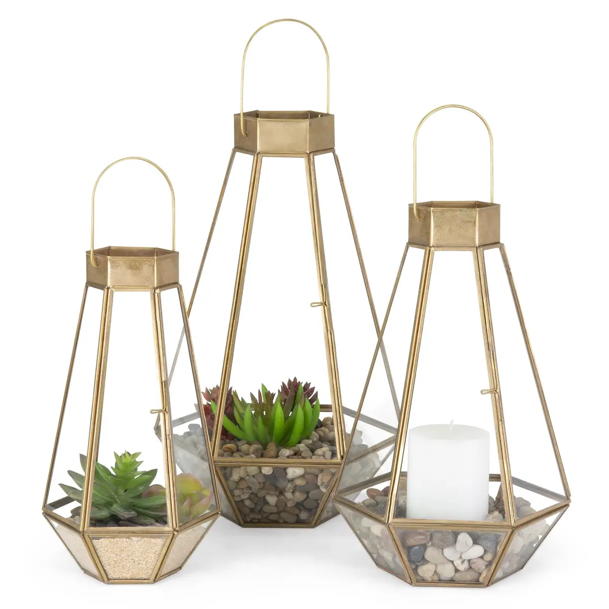 Set Of 3 Decorative Metal Faceted Hurricane Candle Lantern Accents W/ Glass 2