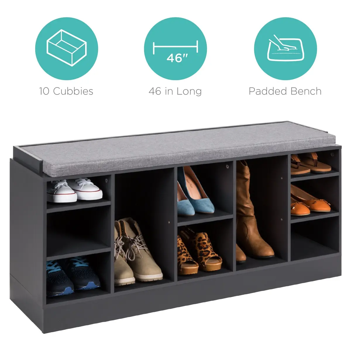 Shoe Storage Rack Bench W/ Padded Seat, 10 Cubbies - 46In 1
