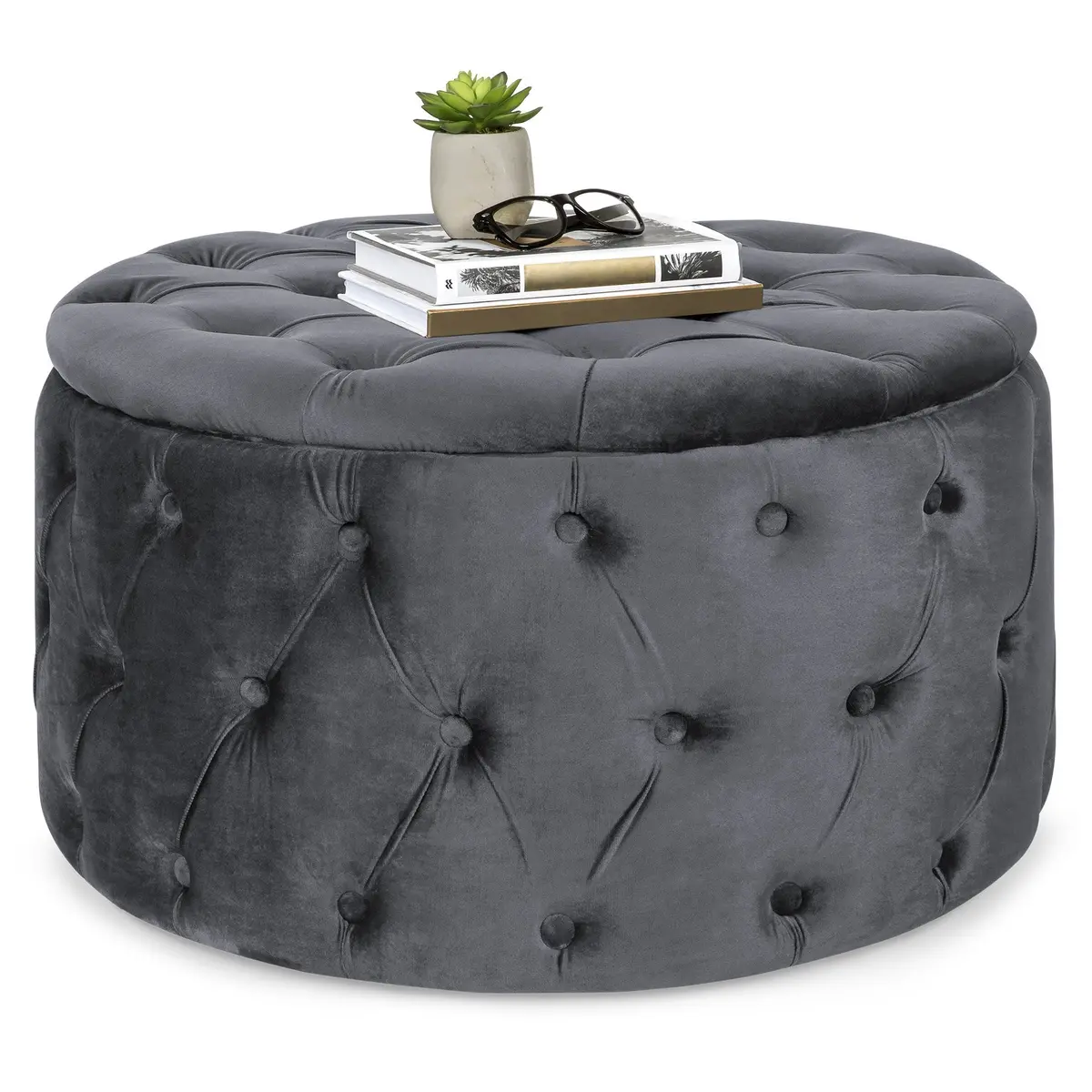 29.5In Round Button-Tufted Upholstered Velvet Footrest Accent Furniture 1