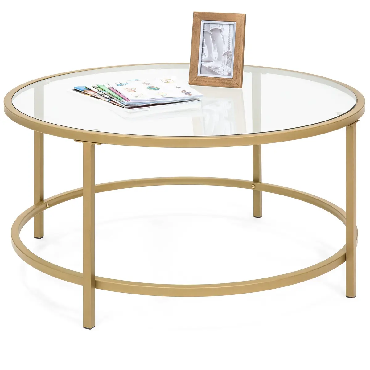 36In Round Glass Coffee Table W/ Satin Gold Trim 1