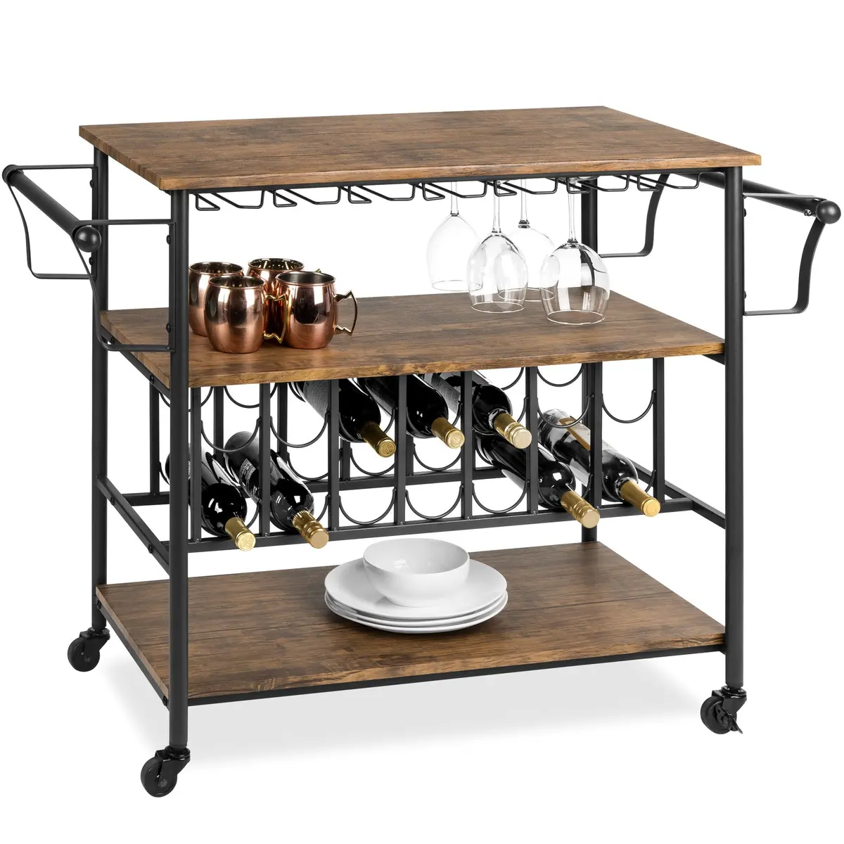 45In Industrial Wood Shelf Bar & Wine Cart W/ Bottle & Glass Racks 1