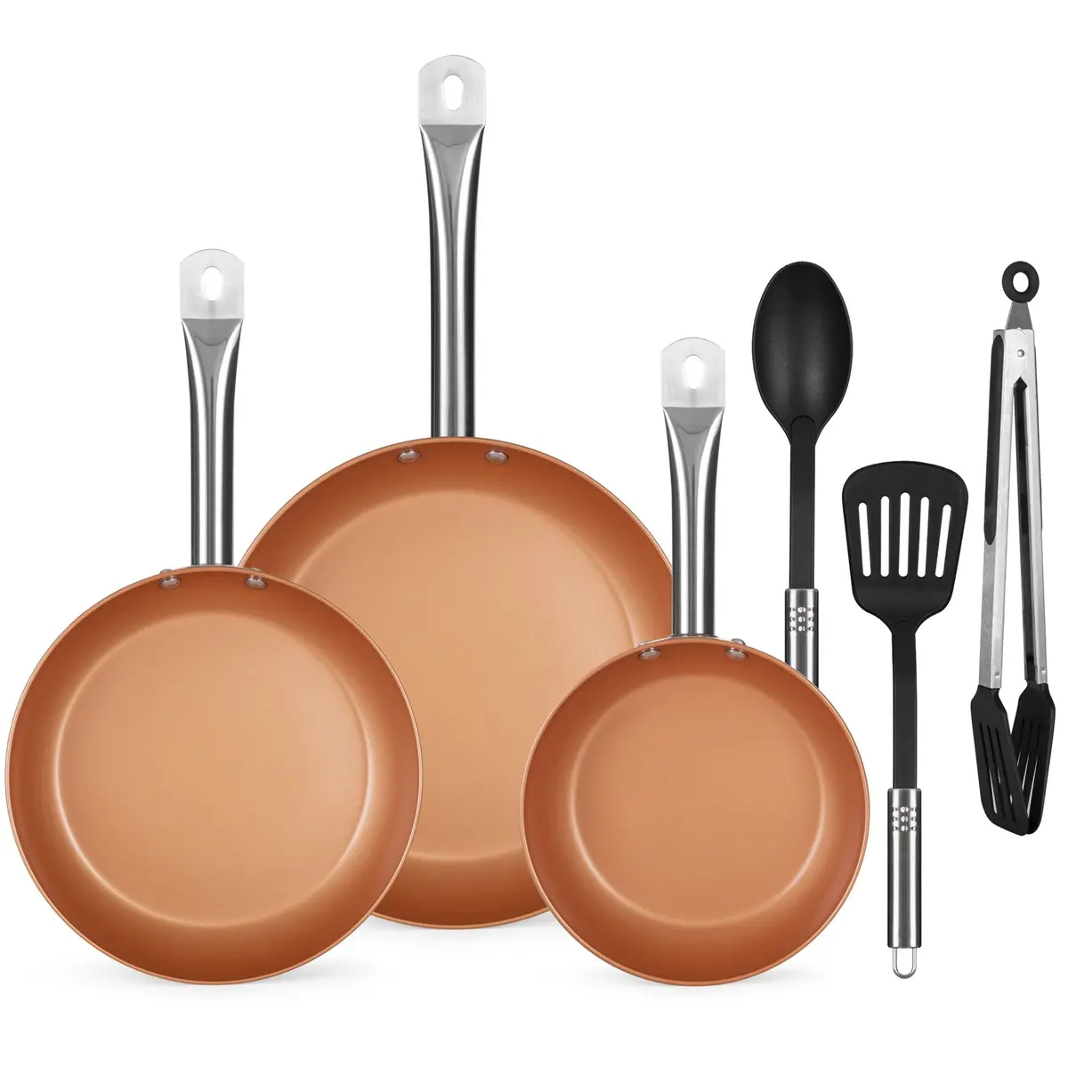 6-Piece Non-Stick Ceramic-Coated Frying Pan Cookware Set W/ 3 Utensils 1