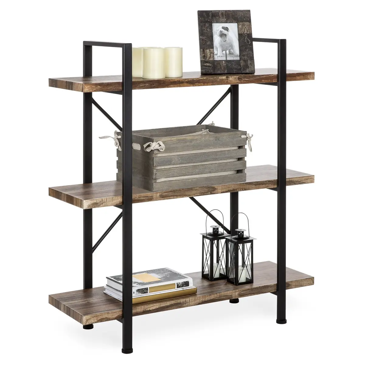 3-Shelf Industrial Open Bookshelf Furniture W/ Wood Shelves, Metal Frame 1