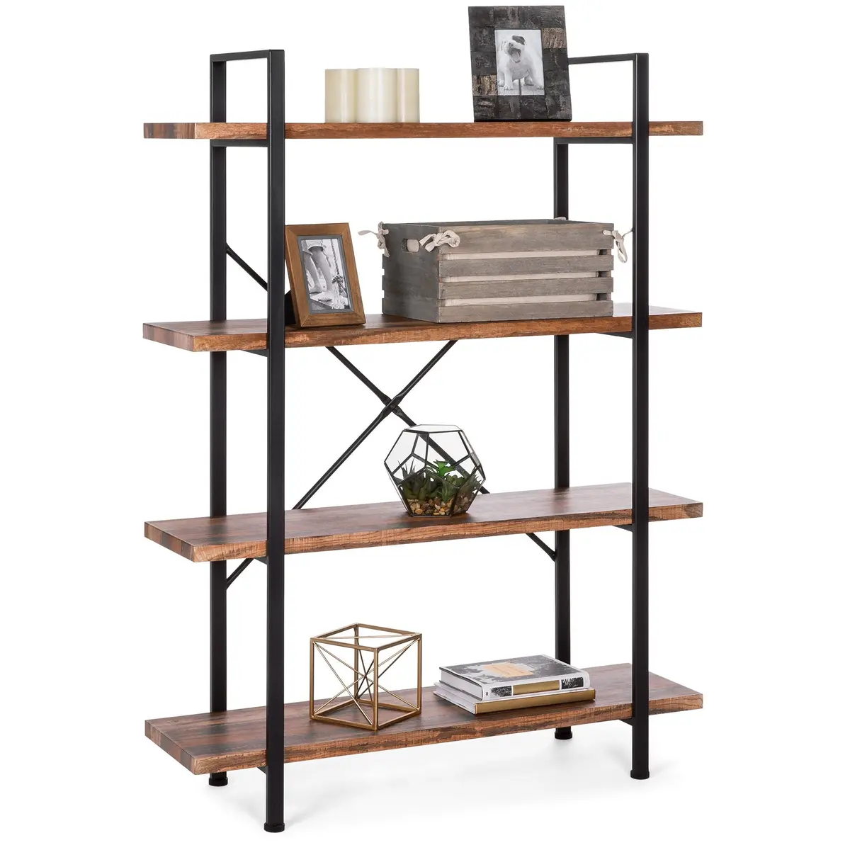 4-Shelf Industrial Open Bookshelf Furniture W/ Wood Shelves, Metal Frame 1