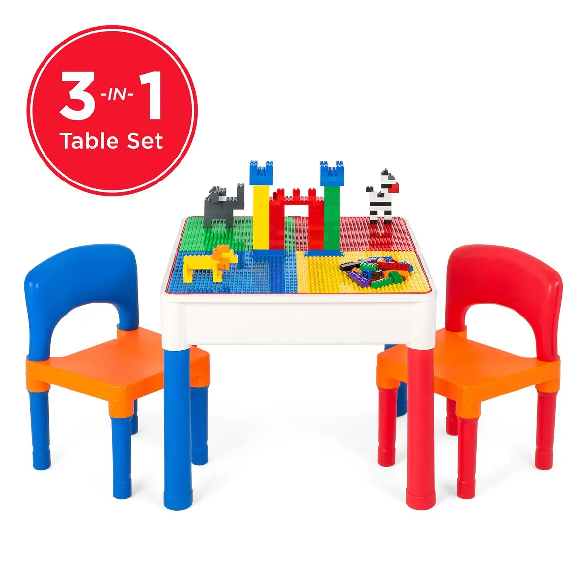3-In-1 Kids Building Block Activity Play Table Set W/ Storage, 2 Chairs 1