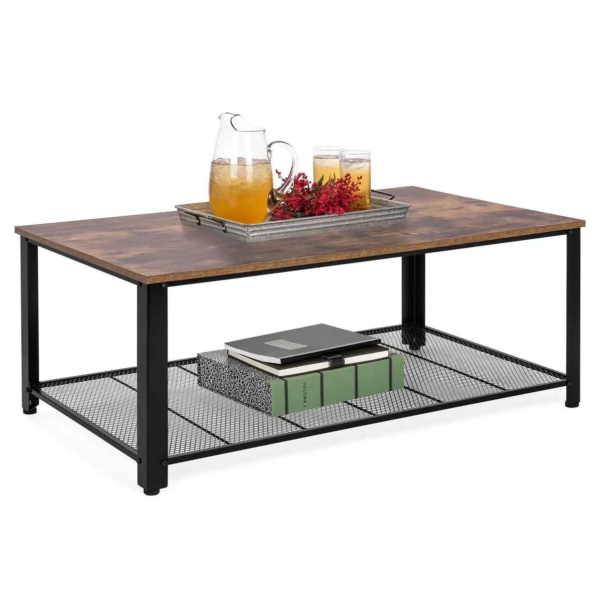 42In 2-Tier Rustic Industrial Coffee Table W/ Wood Finish Top, Metal Frame 1