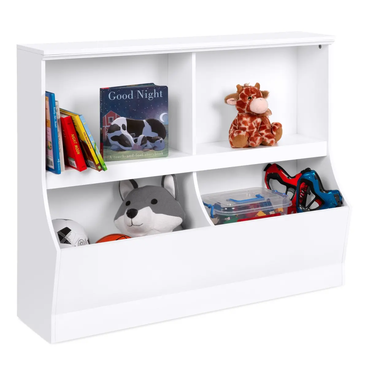 Kids Wooden Storage Cabinet For Toys, Books W/ 2 Shelves, 2 Cubbies 1