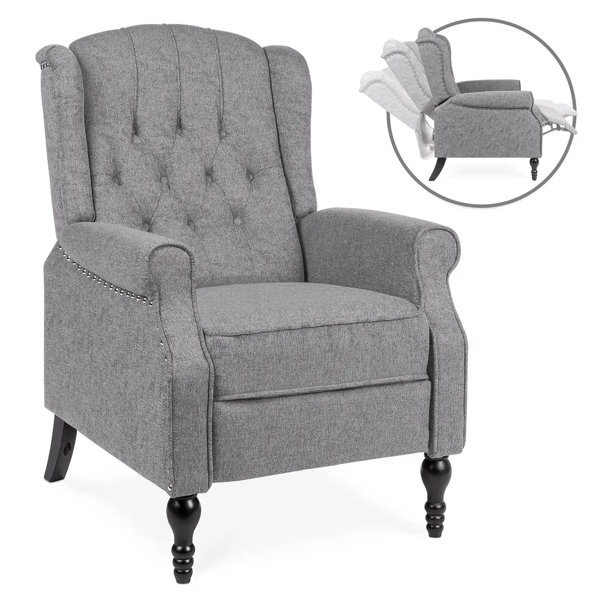 Tufted Upholstered Wingback Push Back Recliner Armchair W/ Nailhead Trim 2