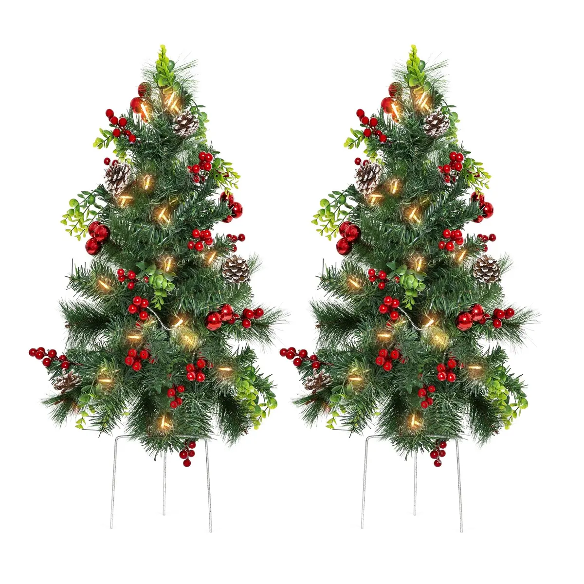 Set Of 2 24.5In Pre-Lit Pathway Christmas Trees W/ Pine Cones, Ornaments 1