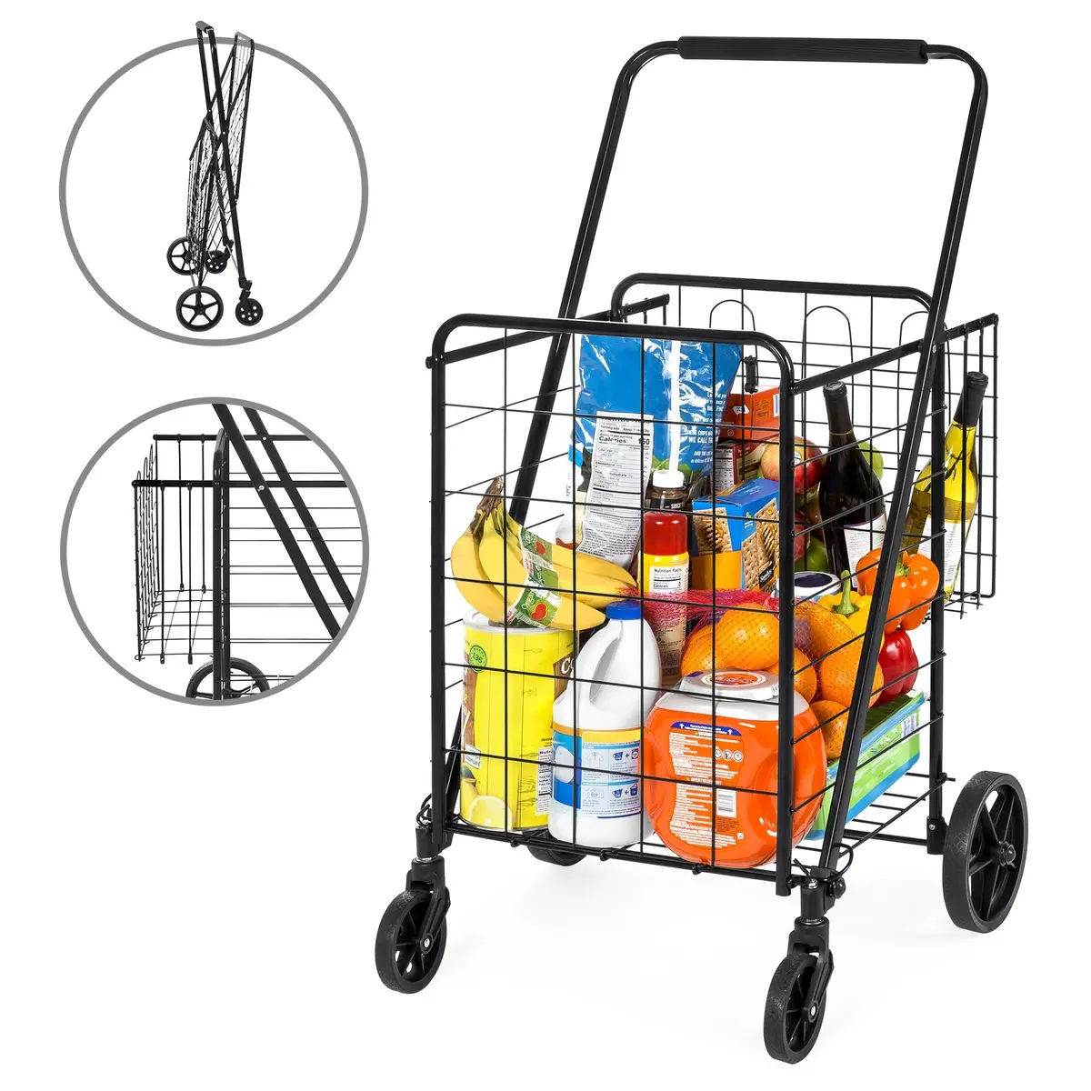 Folding Steel Storage Utility Shopping Cart W/ Bonus Basket, Swivel Wheels 1