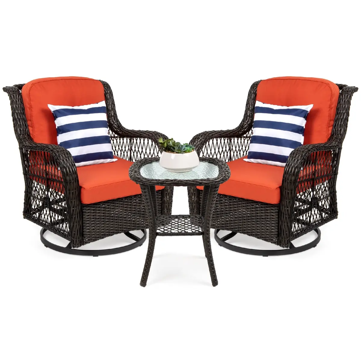 3-Piece Patio Wicker Bistro Furniture Set W/ 2 Swivel Rocking Chairs, Table 1