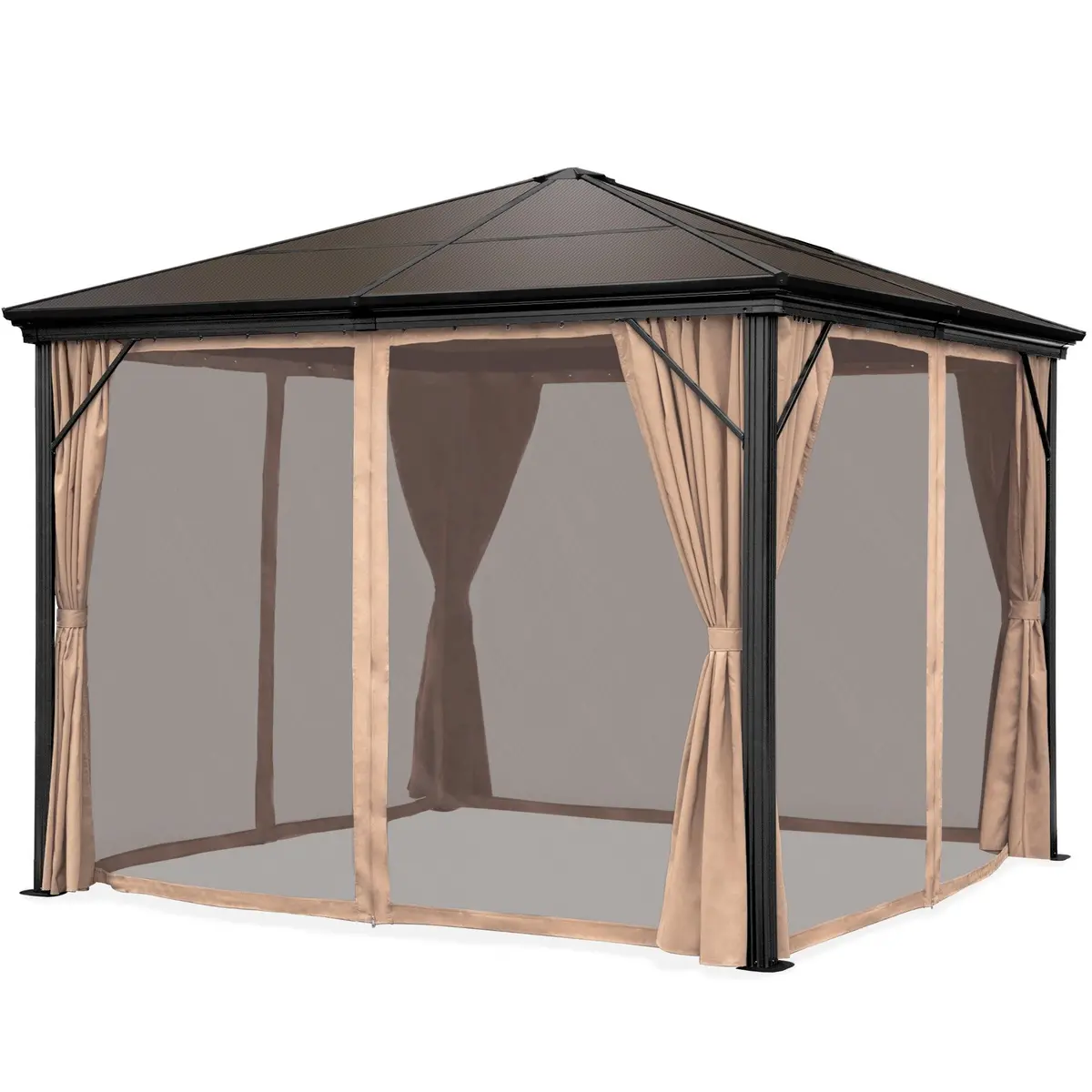 10X10ft Outdoor Aluminum Frame Hardtop Gazebo W/ Side Curtains, Bug Nets 1