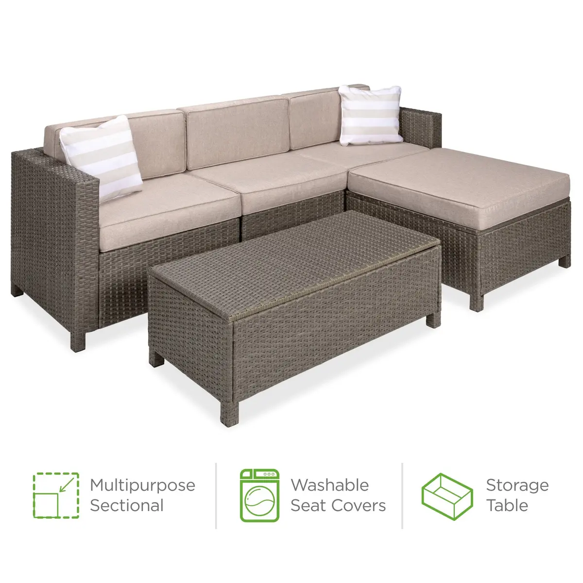 5-Piece Outdoor Wicker Patio Sectional Set W/ Storage, 2 Pillows, Cover 1