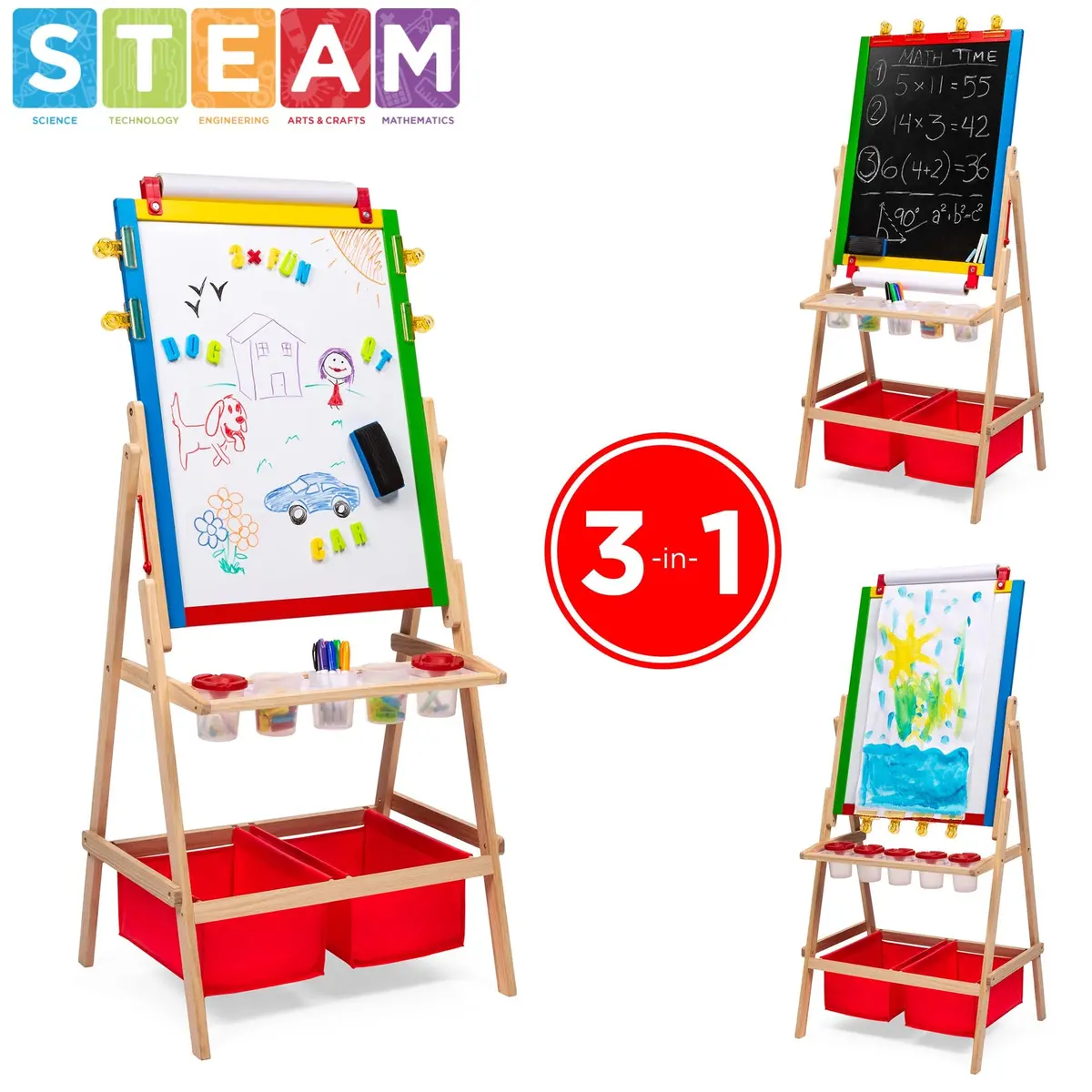 Kids Double-Sided Easel W/ Chalkboard, Whiteboard, Paper Roll, Art Supplies 1